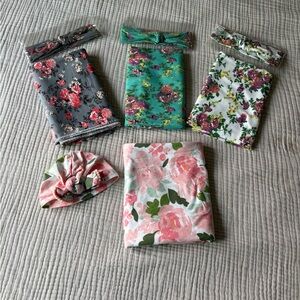 NWOT. Floral Knit Headwraps and Swaddle Set - Pink, Gray, Teal, White.